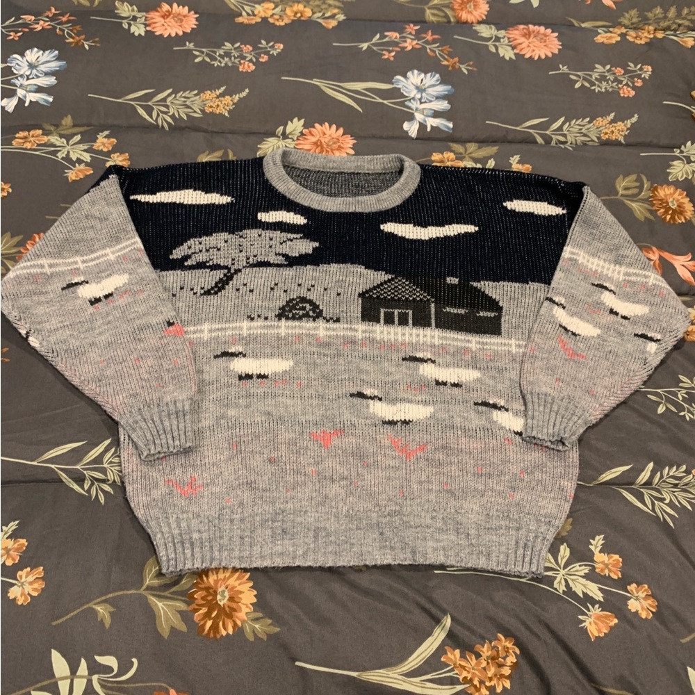 Vintage Unbranded Black White Pink Novelty Sweater Sheep Farm